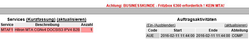 ungültige Meldung bei Business-Kunden