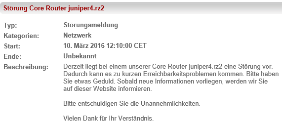 Netzwerkprobleme unseres Hosters
